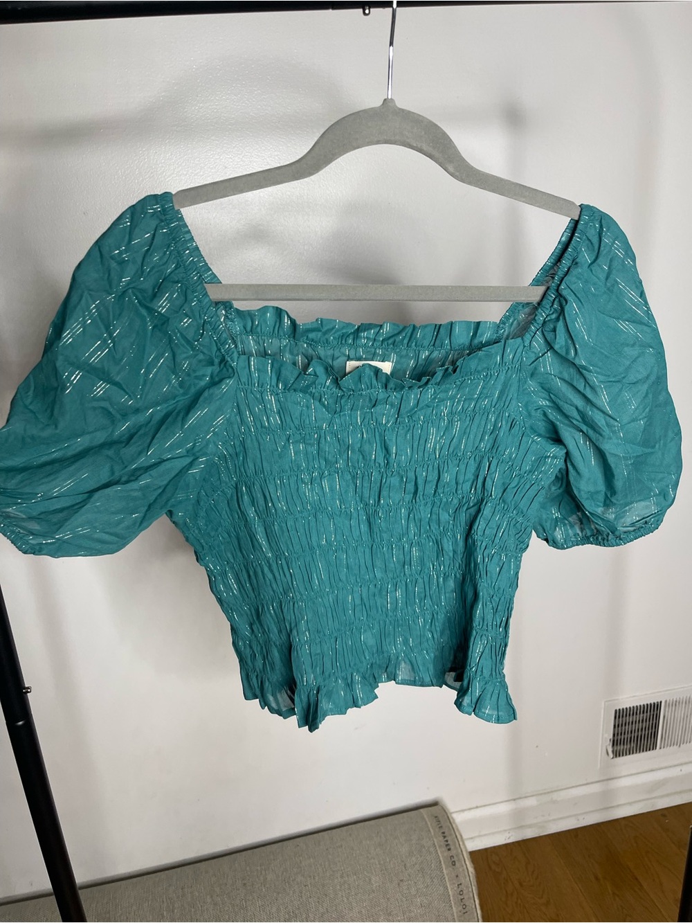 a.n.a Teal Smocked Puff Sleeve Blouse with Metallic Thread